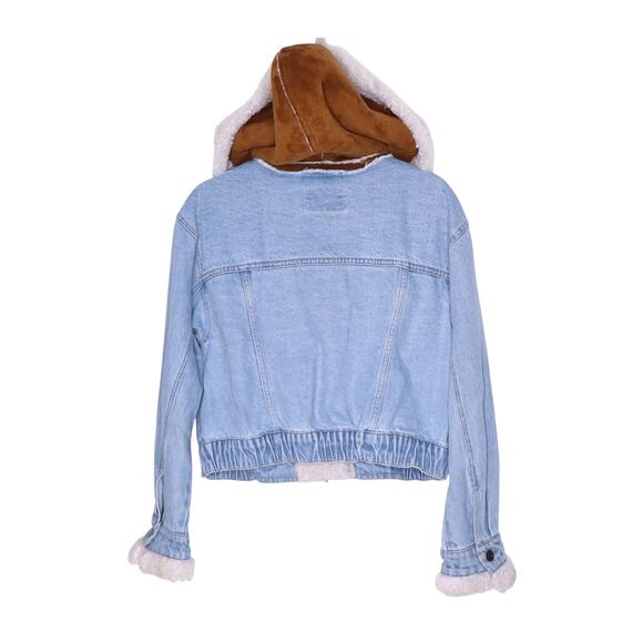 WE THE FREE Perry Hooded Denim Jacket Blue Oversized Cropped Fleece Women's XS - Picture 3 of 10